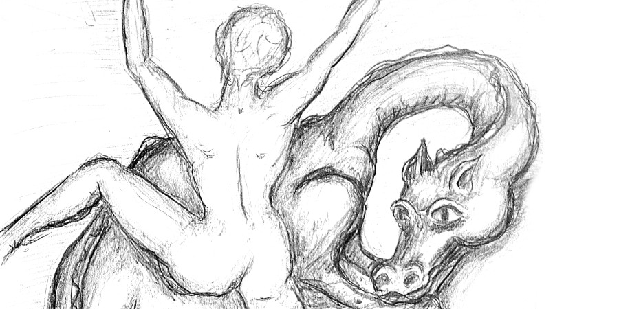 BBleistiftskizze einer Rückansicht einer nackten Frau und eines Drachens