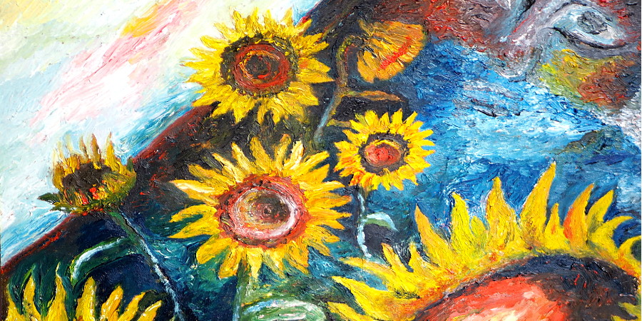 Ölgemälde mit Sonnenblumen und einem versteckten Gesicht