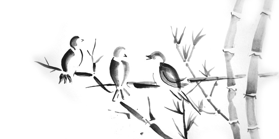 Drei Vögel auf einem Bambuszweig, mit Tusche gezeichnet
