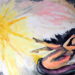 Acrylmalerei, Frau liegt eingerollt und beschützt und wird von gelber greller Sonne bestrahlt