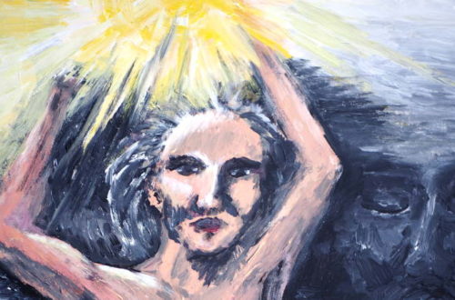 Frau hält gleißendes Licht hoch, hinter ihr Dunkelheit (Acrylmalerei)